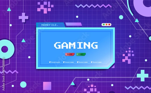 Obraz Retro Gaming Screen Interface with Buttons and Pixel Background
