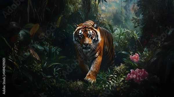Obraz Tiger in Lush Jungle AI Generative