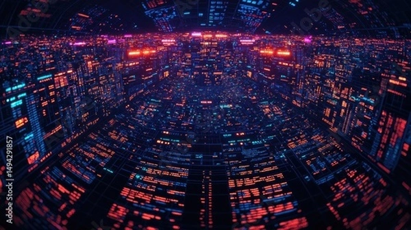 Fototapeta Birds-eye view of a vibrant, buoyant financial market under neon lights, capturing the essence of tunnel vision in bold clarity style.