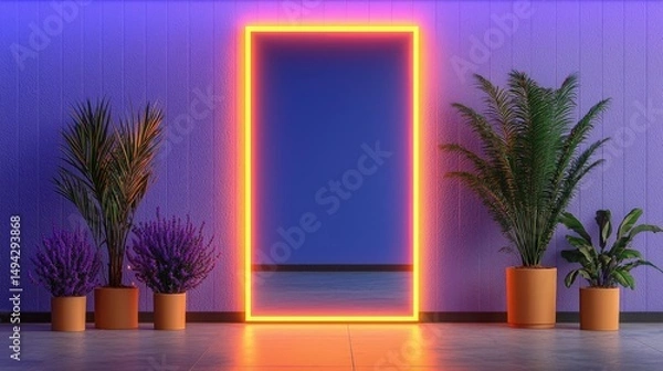 Fototapeta Create a sleek, minimalist home with neon glow accents, Use bright soft lavender, solar flare lighting, and mirror reflections for a festive, stylish vibe.