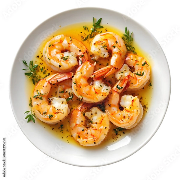 Fototapeta Shrimp scampi on white plate with herbs