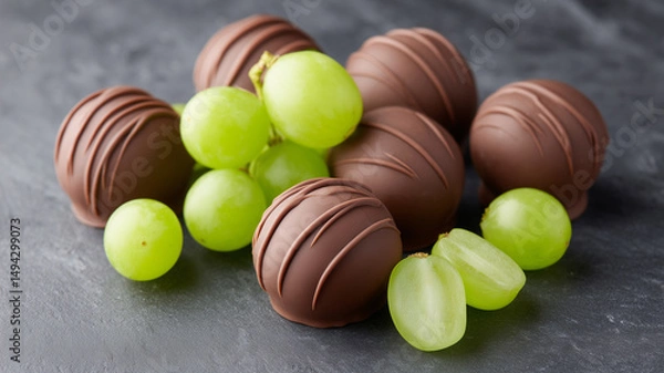 Fototapeta Bunch of juicy green grapes with smooth flowing chocolate truffles