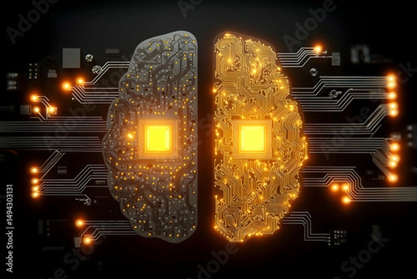 Obraz A digital brain made of circuits and microchips, glowing with orange lights, symbolizes artificial intelligence and technology.