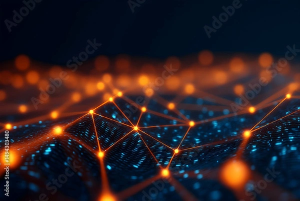 Obraz Abstract digital network with glowing orange connections over a dark, futuristic surface.
