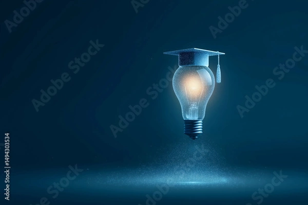Obraz A glowing lightbulb wearing a graduation cap symbolizes knowledge, education, and innovative ideas on a dark blue background.