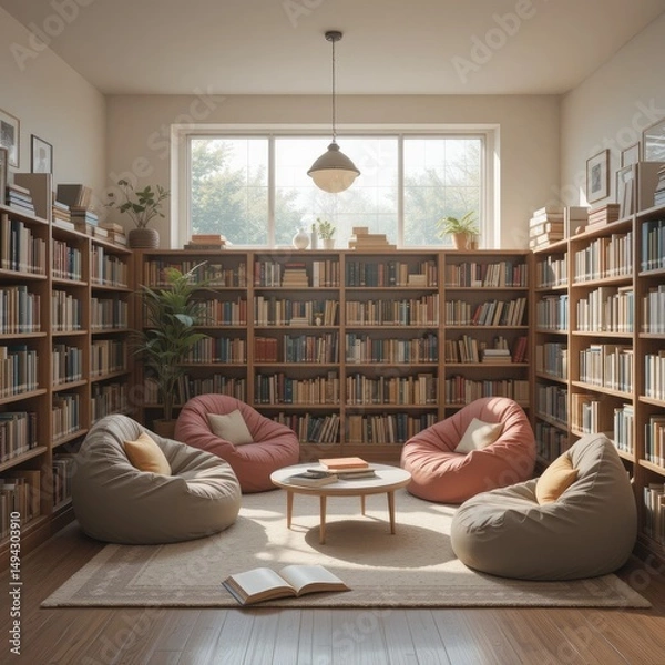 Obraz Serene Library Reading Room with Sunlight Streaming Through Large Window