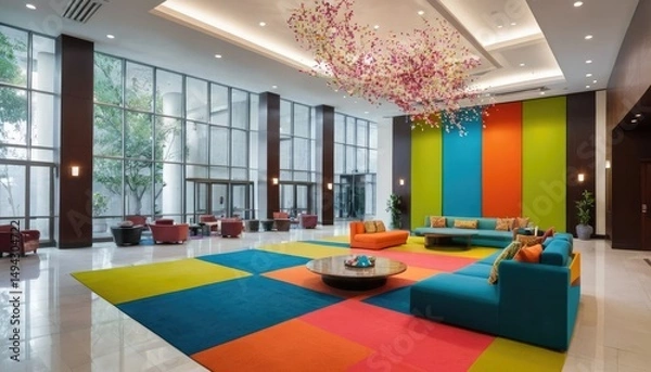 Obraz Vibrant Lobby with Colorful Seating and Modern Decor