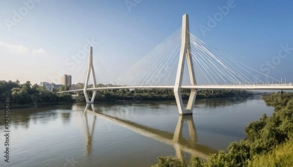 Obraz Serene Reflection: A Modern Cable-Stayed Bridge Over a Calm River