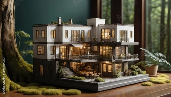 Obraz Miniature Architectural Marvel: A Detailed Model Home Set in a Serene Landscape