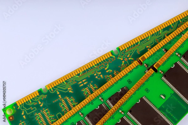 Obraz Green circuit board RAM modules memory chips intricate wiring, ideal for electronic design