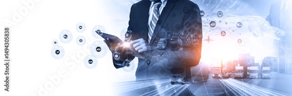 Fototapeta Multiple exposures of Businessman touching tablet for analyze stock at logistics port and world map with logistic network distribution on background, transportation trading business concept,