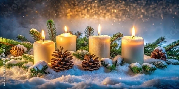 Fototapeta Softly glowing candles surround a snow-covered altar, with evergreen branches and pinecones, on a winter solstice night , Pinecones, Flickering Flames