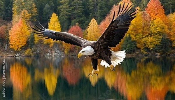 Obraz Majestic Bald Eagle Soaring Over Autumnal Lake