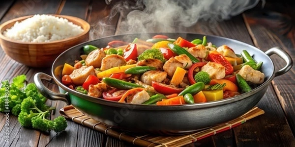 Fototapeta A steaming hot wok filled with a variety of colorful mixed vegetables and juicy chicken pieces, cooked in a savory sauce and served with steamed rice , dinner, food