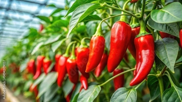 Fototapeta Close-up of a ripe, red chili pepper plant with glossy leaves and tiny flowers, ready to be harvested in a greenhouse setting, greenhouse crops, fresh produce