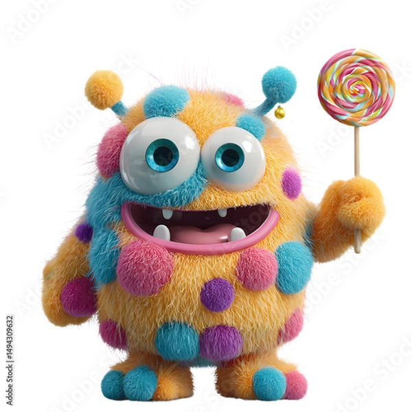 Fototapeta A fluffy, colorful monster with big eyes joyfully holds a vibrant lollipop, radiating sweetness and playful charm.  A whimsical creature indeed!
