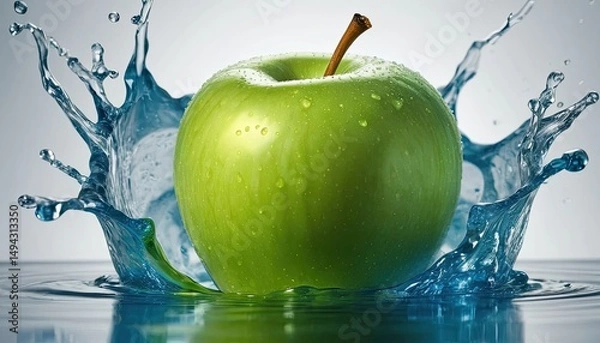 Obraz Refreshing Green Apple Splash: A Vibrant Image of a Juicy Apple Dropping into Crystal Clear Water, Creating a Stunning Water Splash.