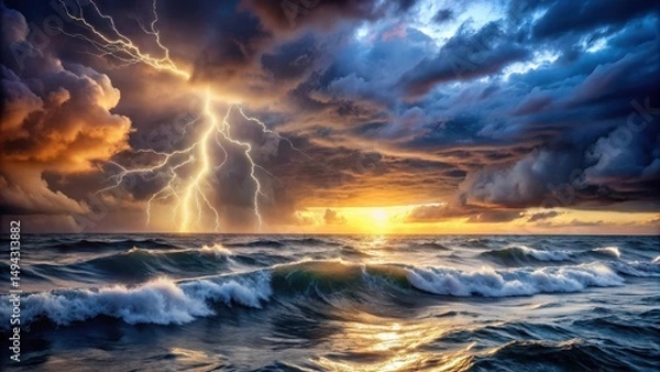 Fototapeta A dark and stormy sea with turbulent waves and a dramatic cloudy sky at sunset, with lightning illuminating the darkness, ocean waves, foreboding sea