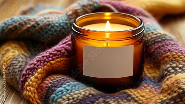 Fototapeta an amber glass candle jar with a blank label on a wooden table, surrounded by a colorful woolen blanket and a knitted scarf