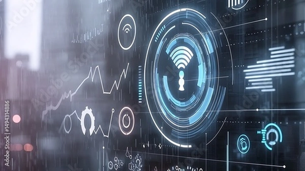 Fototapeta Futuristic Digital Interface with Abstract Technology Graphics and Data Visualization Elements in a Smart City Environment