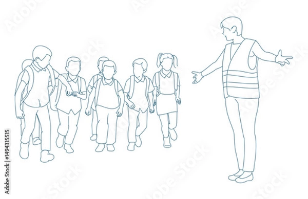 Fototapeta  Elementary students crossing the street after arriving by bus.