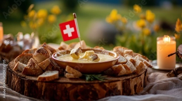 Fototapeta Rustic wooden platter with Swiss cheese fondue and bread, Swiss cross pin; celebrating Swiss National Day with alpine charm.
