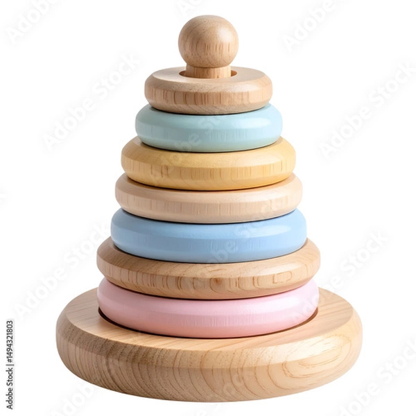 Fototapeta Wooden Montessori-Style Stacking Rings for Babies, isolated on a transparent background