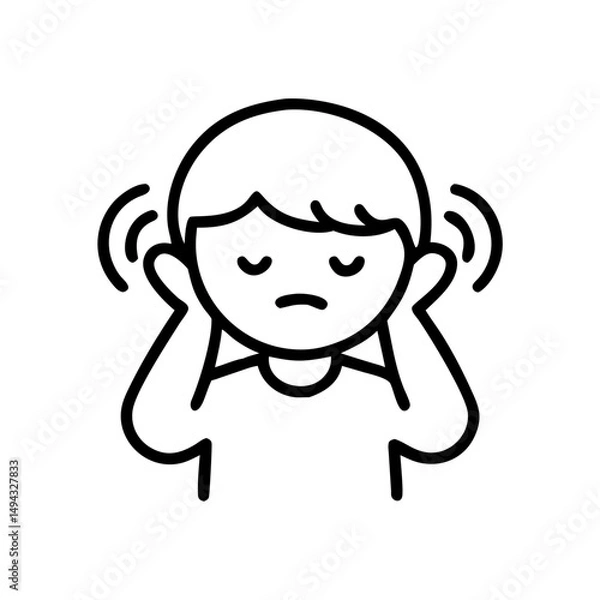Fototapeta Child with hands on ears icon in black line art, sensory overload reaction symbol