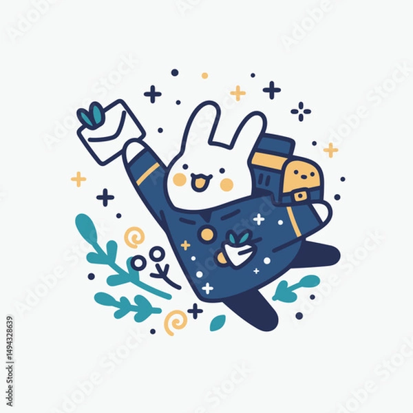 Fototapeta Stylized Rabbit Postman Leaping with Letter Mailbag