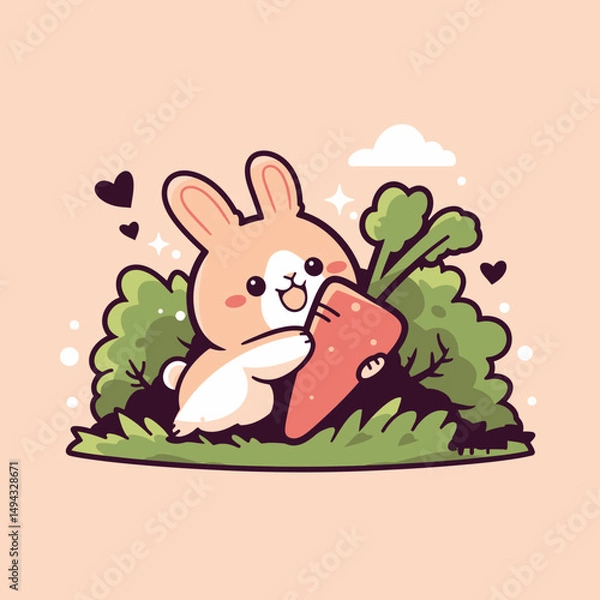 Fototapeta Happy Bunny Hugging Large Carrot in Bushes