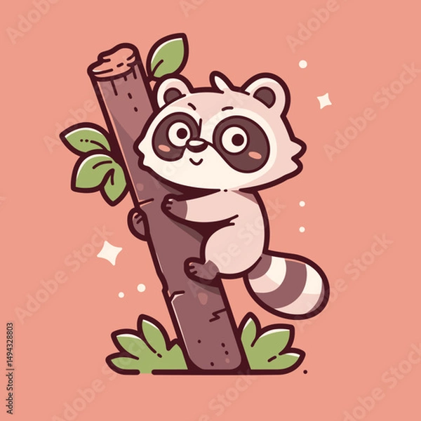 Fototapeta Cute Raccoon Climbing Up a Tree Trunk