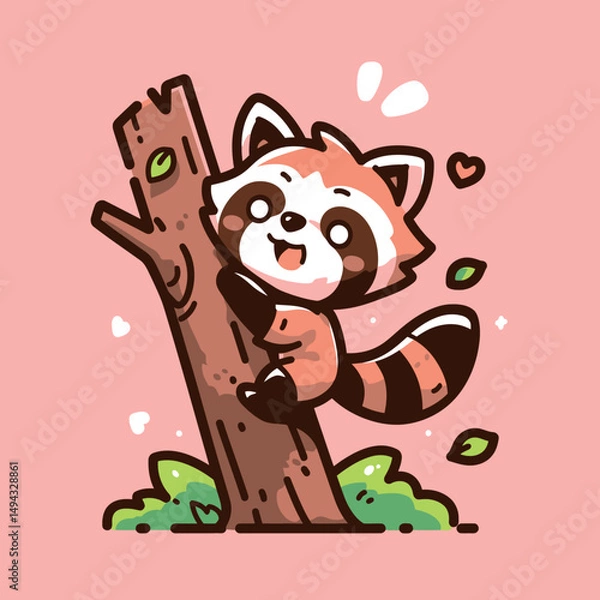 Fototapeta Happy Red Panda Climbing Tree with Leaves