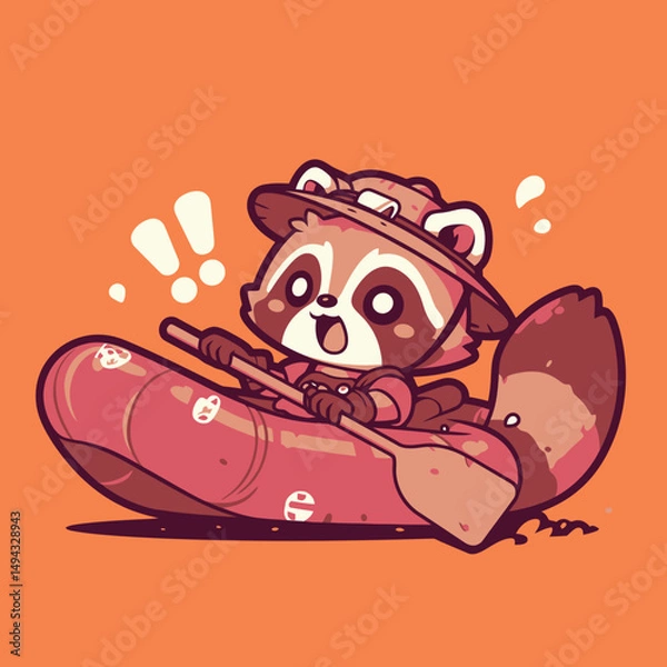 Obraz Excited Raccoon Rafting with Paddle and Hat