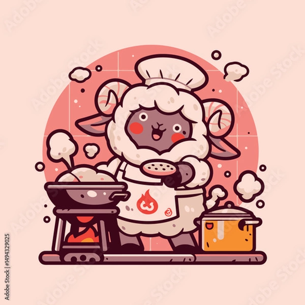 Fototapeta Ram Sheep Chef Cooking with Pan and Pot