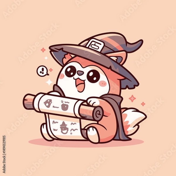 Fototapeta Fox Wizard Holding Magic Scroll with Spells