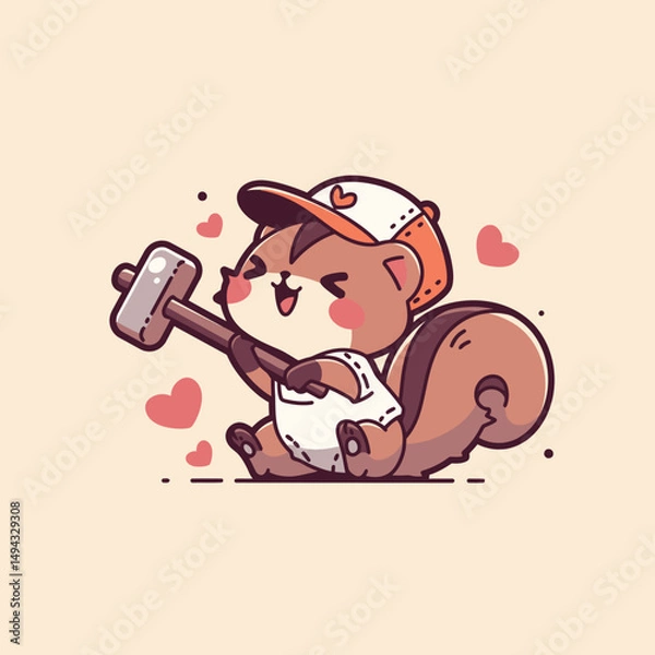 Fototapeta Happy Squirrel with Hammer and Baseball Cap