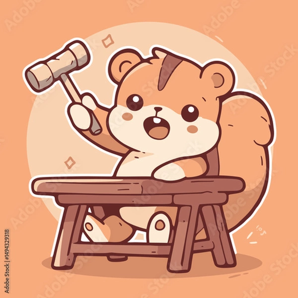Obraz Squirrel Carpenter Hammering Nail into Wooden Bench