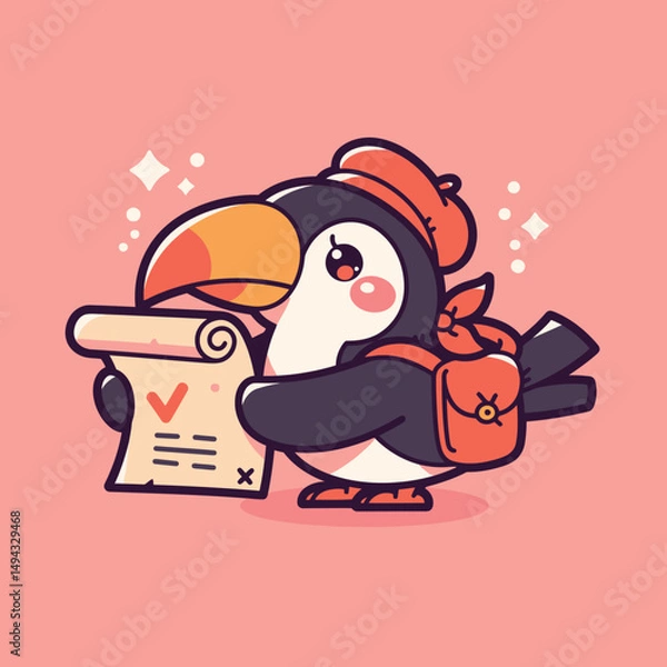 Fototapeta Toucan Traveler with Backpack Holding Checklist Map