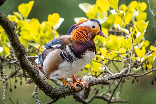 Fototapeta Mandarin duck on a branch. Duck on the branch