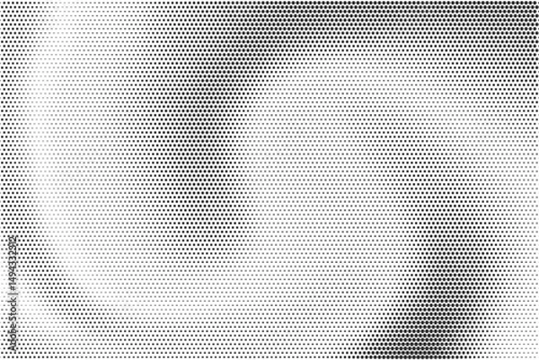 Fototapeta Dotted gradient pattern. Halftone textured effect. Vector grunge noisy abstract bg. Wavy radial grainy elements on white backdrop. Radiate shade with pixels.