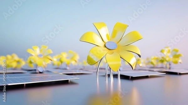 Obraz Yellow flower-shaped solar panels stand on a reflective surface, blending nature and technology in a futuristic setting.