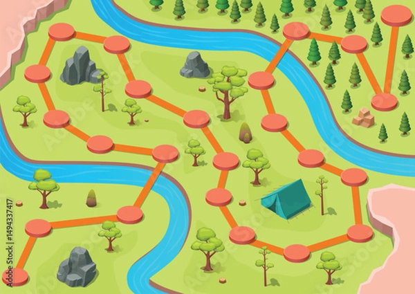 Fototapeta Forest Game Map with stage routes and Green Land
