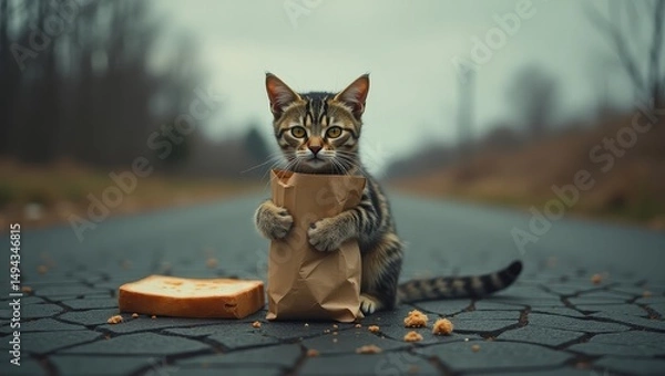 Fototapeta Poor cat with bag of bread