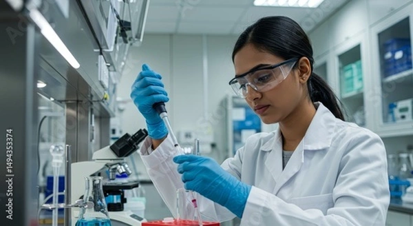 Fototapeta Scientist Working in a Laboratory - A female scientist carefully uses a pipette in a modern lab setting. She is wearing safety glasses and gloves