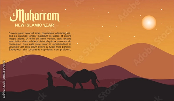 Obraz Happy New Hijri Year in Arabic English Greeting Card for new year Simple elegant Vector Art Design post card design idea