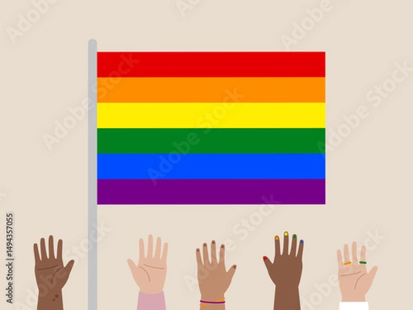 Fototapeta Pride flag rainbow diversity inclusion equality LGBTQ hands unity support celebration. image shows diverse hands raised front of rainbow pride flag symbolizing unity support and celebration