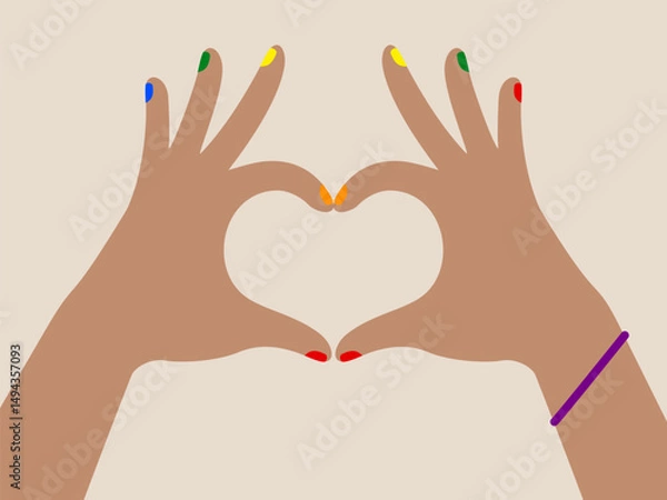 Fototapeta Two hands with colorful nails form heart shape, expressing love and unity, with purple bracelet on one wrist against light background