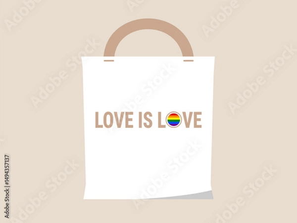 Fototapeta Love is love tote bag with rainbow heart symbol, minimalist design, beige handle, and neutral background, expressing pride and inclusivity in simple, modern style
