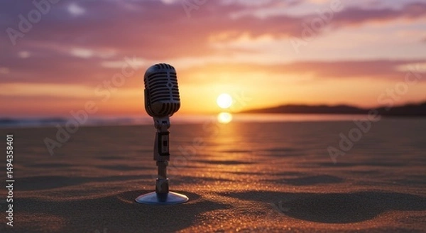 Fototapeta Sunset Beach Microphone - Vintage microphone on a sandy beach at sunset. Peaceful, serene, and evocative of storytelling or broadcasting
