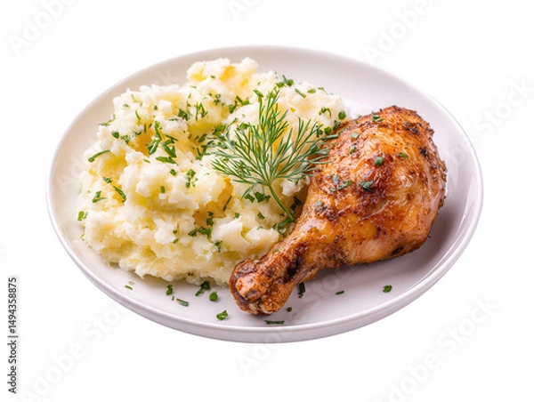 Obraz Deliciously plated roasted chicken drumstick is served alongside creamy mashed potatoes, garnished with fresh herbs, creating a wholesome and satisfying meal.